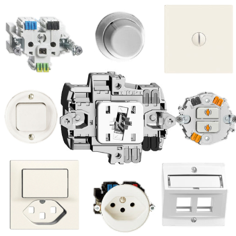 Interruttori, prese, coperture, ecc modulari (solo frutti, impiegabili in diverse serie)