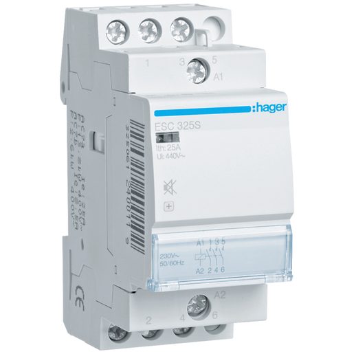 Teleruttore silenzioso Hager 25A con 3 contatti NO 230VAC 2 moduli
