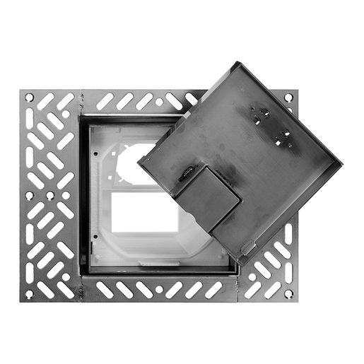 Scatola a pavimento Feller BDV con spazio vuoto per 1×FM / 1×FLF e coperchio per inserto da pavimento in acciaio cromato lucido